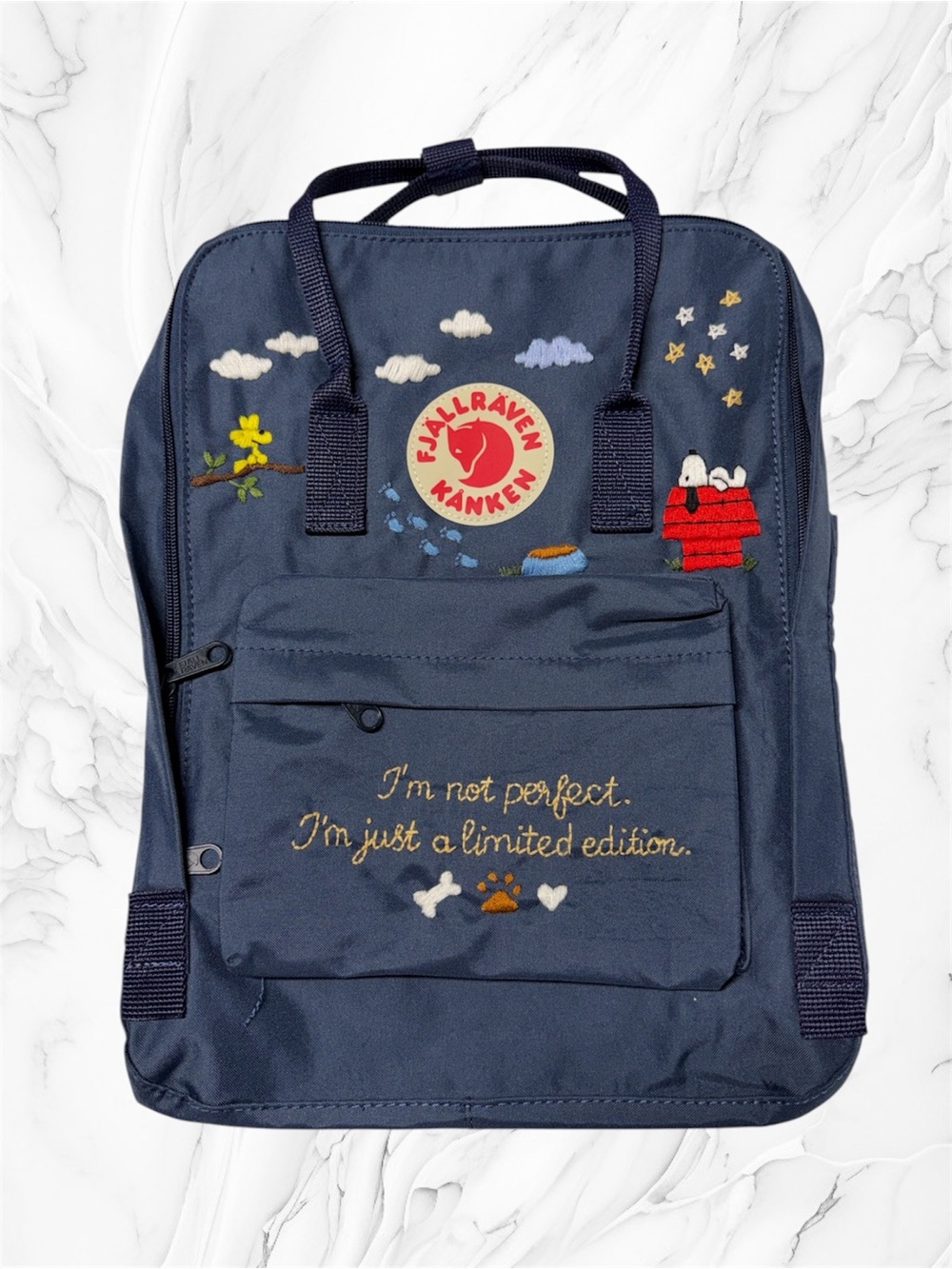 Navy blue Fjallraven kanken backpack custom embroidery of Snoopy